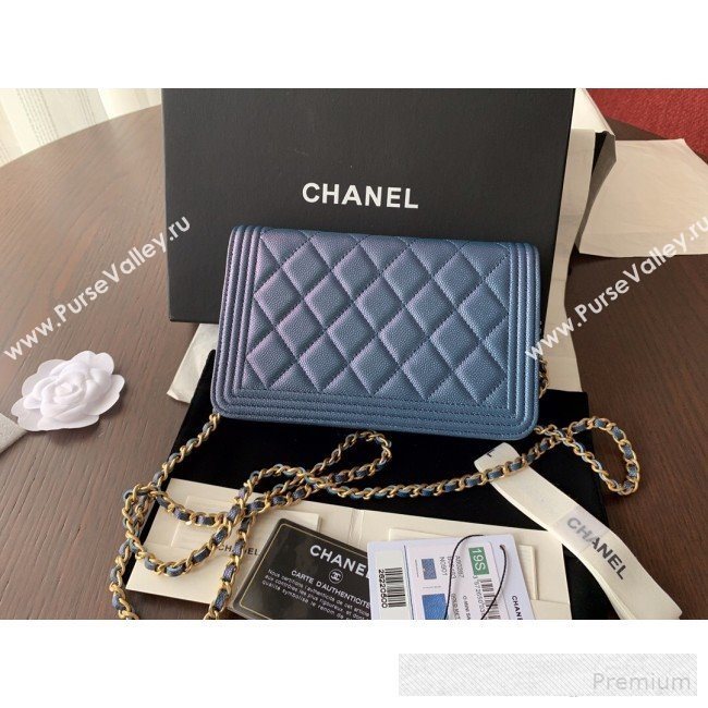 Chanel Iridescent Grained Calfskin Boy Wallet On Chain WOC A80287 Blue 2019 (BLWX-9062409)