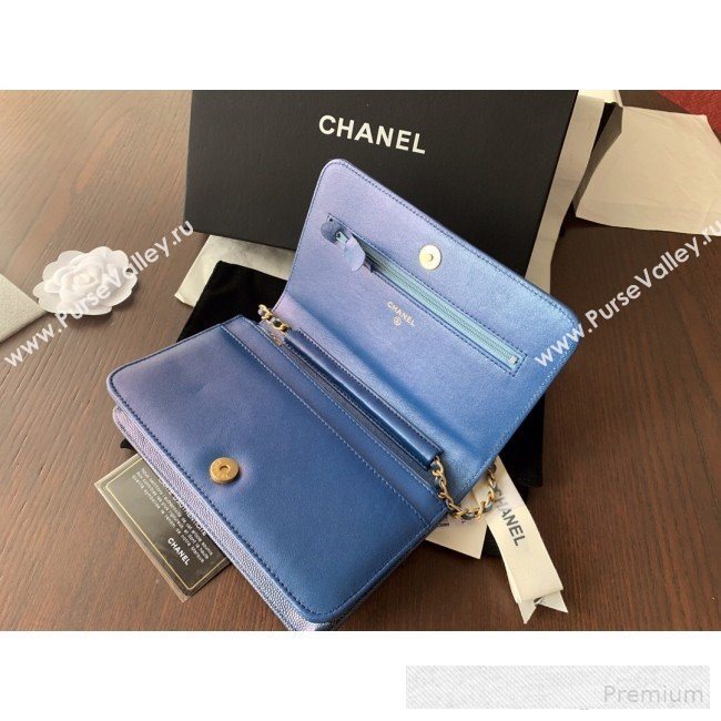 Chanel Iridescent Grained Calfskin Boy Wallet On Chain WOC A80287 Blue 2019 (BLWX-9062409)