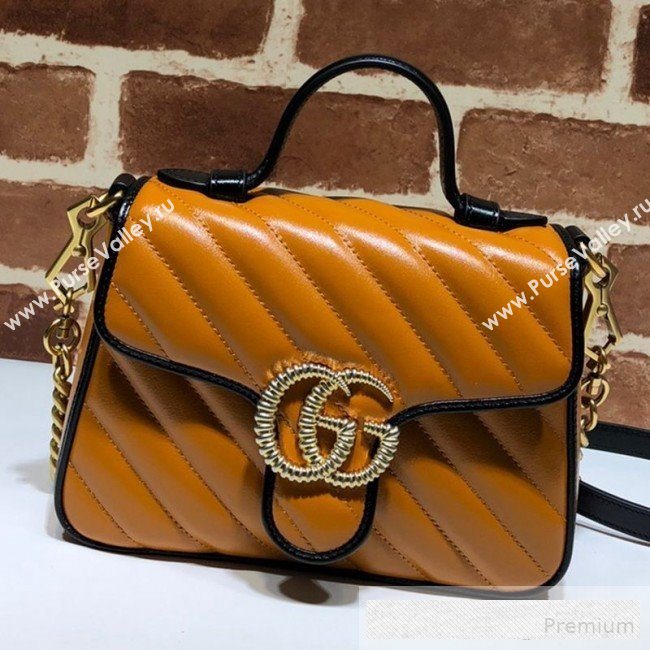 Gucci GG Diagonal Marmont Leather Mini Top Handle Bag 583571 Cognac Brown 2019 (DLH-9062418)