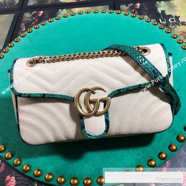 Gucci GG Marmont Raffia Small Shoulder Bag ‎with Snakeskin Trim 443497 White/Green 2019 (BLWX-9062425)