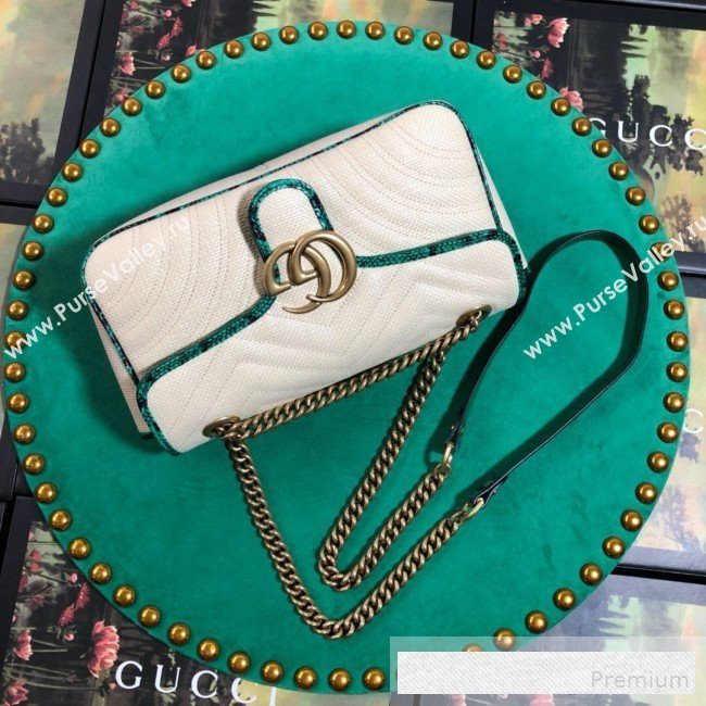 Gucci GG Marmont Raffia Small Shoulder Bag ‎with Snakeskin Trim 443497 White/Green 2019 (BLWX-9062425)
