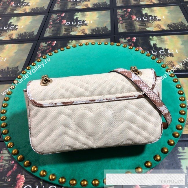 Gucci GG Marmont Raffia Small Shoulder Bag ‎with Snakeskin Trim 443497 White/Brown 2019 (BLWX-9062426)