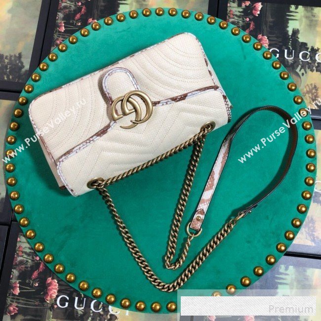 Gucci GG Marmont Raffia Small Shoulder Bag ‎with Snakeskin Trim 443497 White/Brown 2019 (BLWX-9062426)