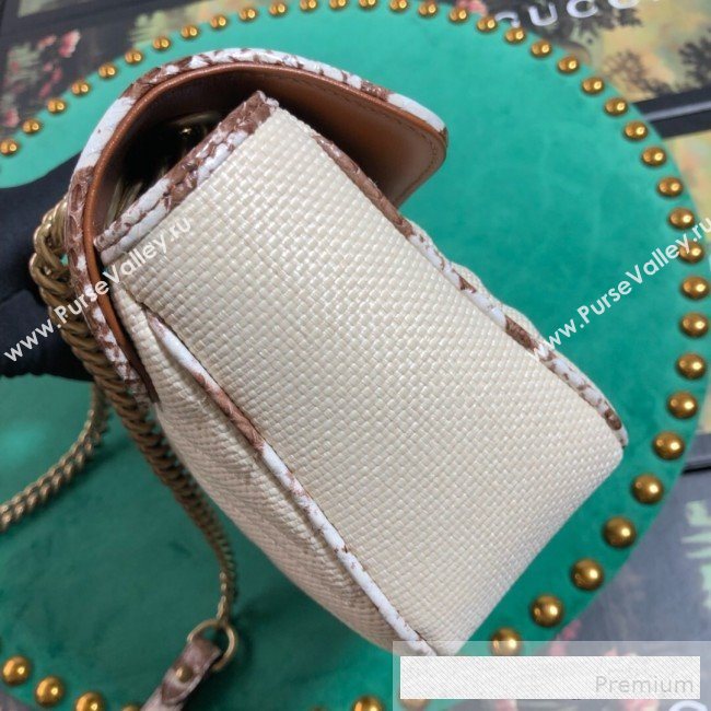 Gucci GG Marmont Raffia Small Shoulder Bag ‎with Snakeskin Trim 443497 White/Brown 2019 (BLWX-9062426)