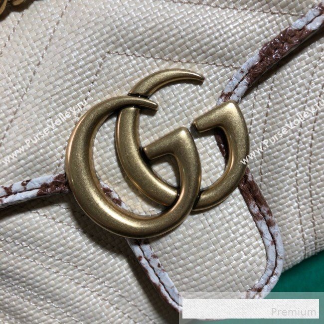Gucci GG Marmont Raffia Small Shoulder Bag ‎with Snakeskin Trim 443497 White/Brown 2019 (BLWX-9062426)