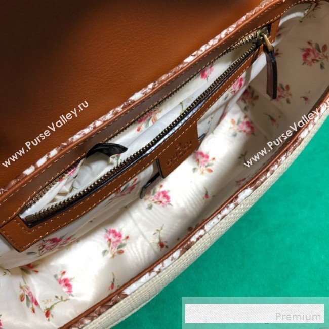 Gucci GG Marmont Raffia Small Shoulder Bag ‎with Snakeskin Trim 443497 White/Brown 2019 (BLWX-9062426)