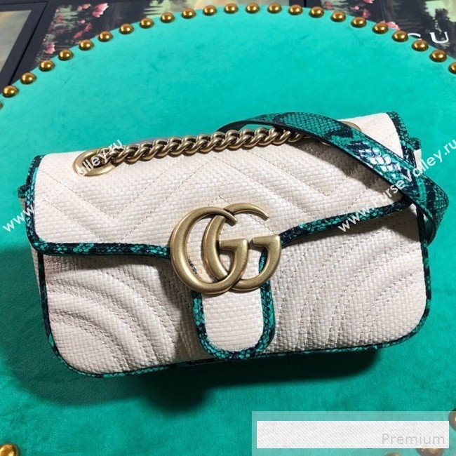 Gucci GG Marmont Raffia Mini Shoulder Bag ‎with Snakeskin Trim ‎446744 White/Green 2019 (BLWX-9062427)