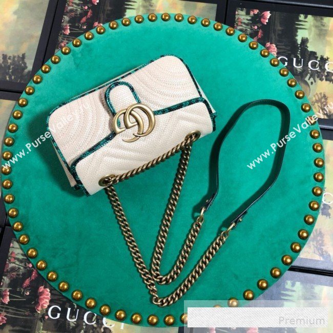 Gucci GG Marmont Raffia Mini Shoulder Bag ‎with Snakeskin Trim ‎446744 White/Green 2019 (BLWX-9062427)