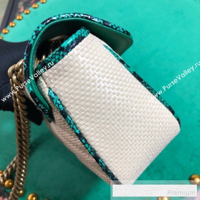 Gucci GG Marmont Raffia Mini Shoulder Bag ‎with Snakeskin Trim ‎446744 White/Green 2019 (BLWX-9062427)