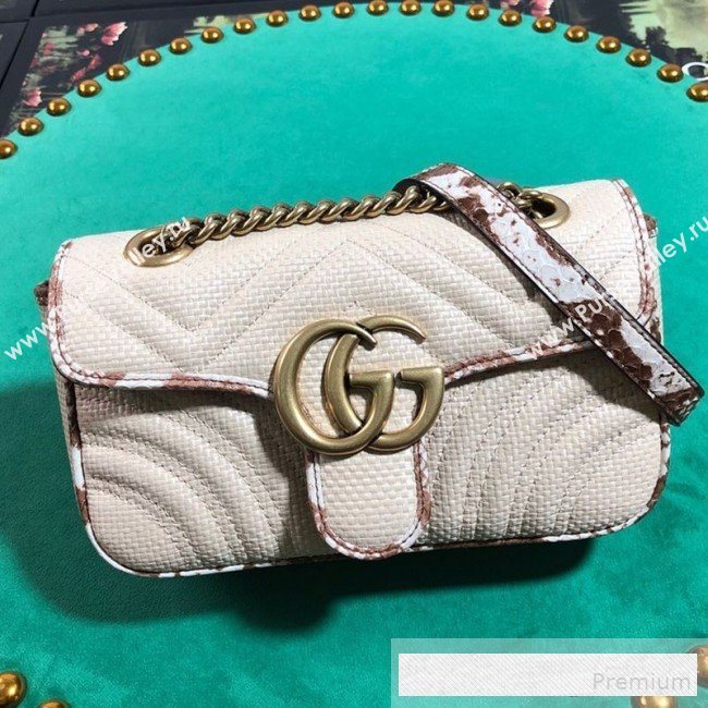 Gucci GG Marmont Raffia Mini Shoulder Bag ‎with Snakeskin Trim ‎446744 White/Brown 2019 (BLWX-9062428)