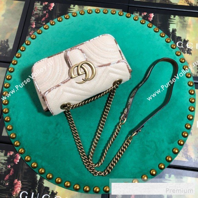 Gucci GG Marmont Raffia Mini Shoulder Bag ‎with Snakeskin Trim ‎446744 White/Brown 2019 (BLWX-9062428)