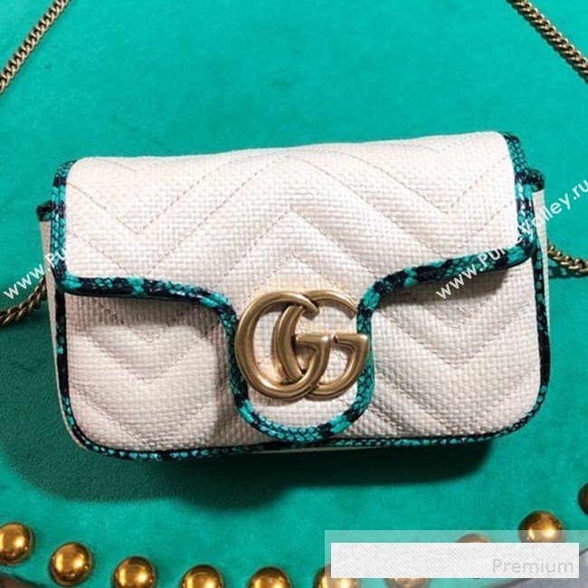 Gucci GG Marmont Raffia Super Mini Shoulder Bag ‎with Snakeskin Trim ‎476433 White/Green 2019 (BLWX-9062429)
