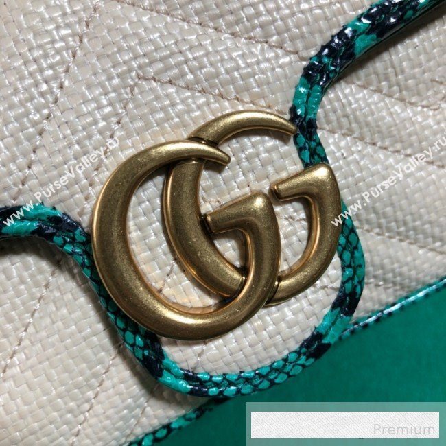 Gucci GG Marmont Raffia Super Mini Shoulder Bag ‎with Snakeskin Trim ‎476433 White/Green 2019 (BLWX-9062429)