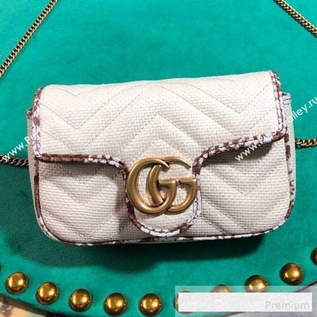 Gucci GG Marmont Raffia Super Mini Shoulder Bag ‎with Snakeskin Trim ‎476433 White/Brown 2019 (BLWX-9062430)