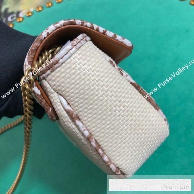 Gucci GG Marmont Raffia Super Mini Shoulder Bag ‎with Snakeskin Trim ‎476433 White/Brown 2019 (BLWX-9062430)