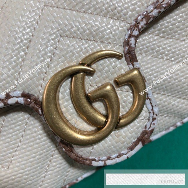 Gucci GG Marmont Raffia Super Mini Shoulder Bag ‎with Snakeskin Trim ‎476433 White/Brown 2019 (BLWX-9062430)