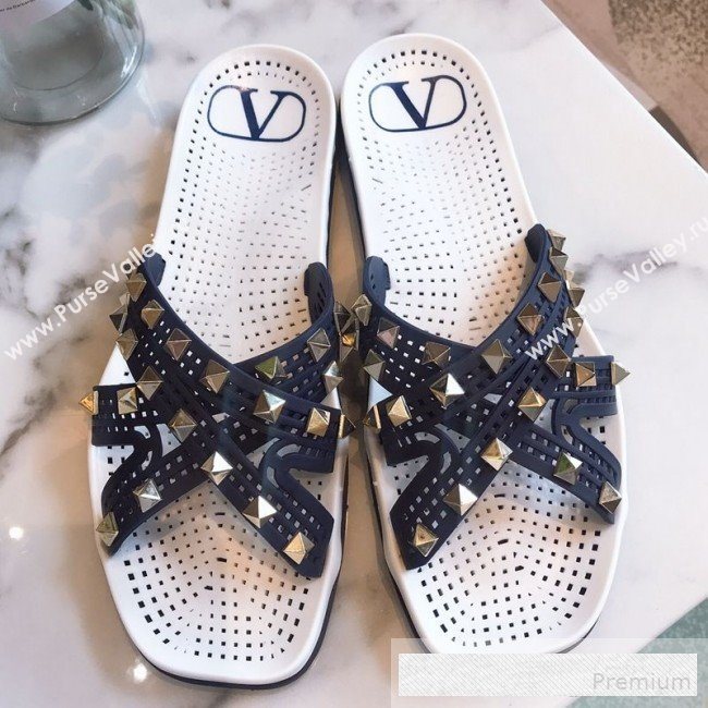 Valentino Flat Slide Sandals with Crossover Straps Blue 2019 (HQG-9062529)