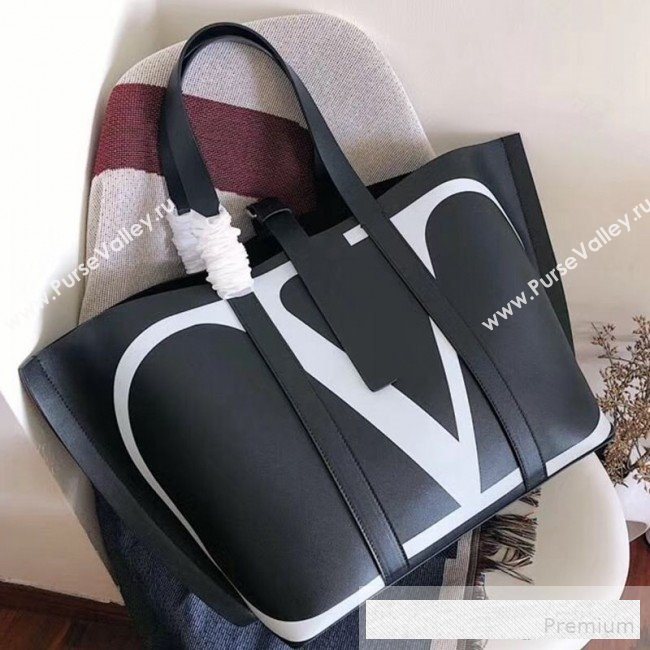 Valentino Maxi Calfskin Giant V Logo Shopping Tote Bag Black/White 2019 (JJ3-9062767)