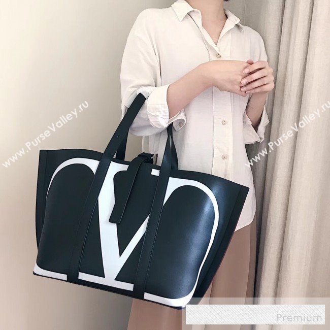 Valentino Maxi Calfskin Giant V Logo Shopping Tote Bag Black/White 2019 (JJ3-9062767)
