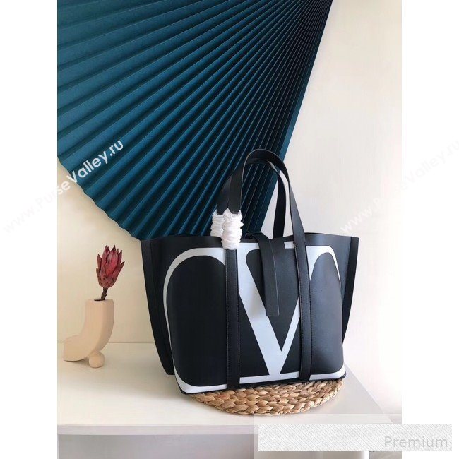 Valentino Maxi Calfskin Giant V Logo Shopping Tote Bag Black/White 2019 (JJ3-9062767)