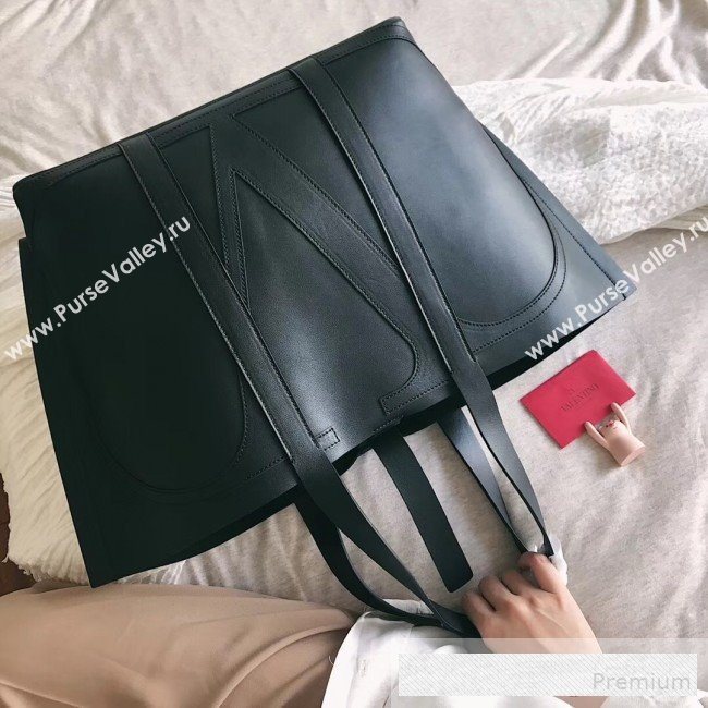 Valentino Maxi Calfskin Giant V Logo Shopping Tote Bag Black/Red Side 2019 (JJ3-9062768)