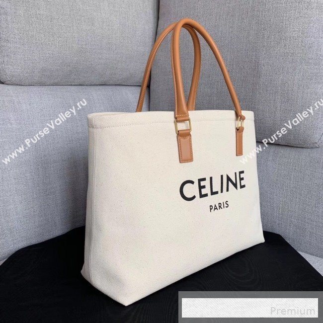 Celine Horizontal Cabas Canvas Tote with Celine Print and Calfskin Natural White/Tan 2019 (JDD-9062801)