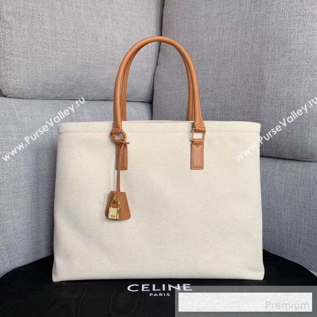 Celine Horizontal Cabas Canvas Tote with Celine Print and Calfskin Natural White/Tan 2019 (JDD-9062801)