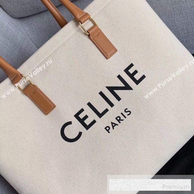 Celine Horizontal Cabas Canvas Tote with Celine Print and Calfskin Natural White/Tan 2019 (JDD-9062801)