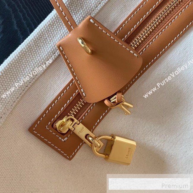 Celine Horizontal Cabas Canvas Tote with Celine Print and Calfskin Natural White/Tan 2019 (JDD-9062801)