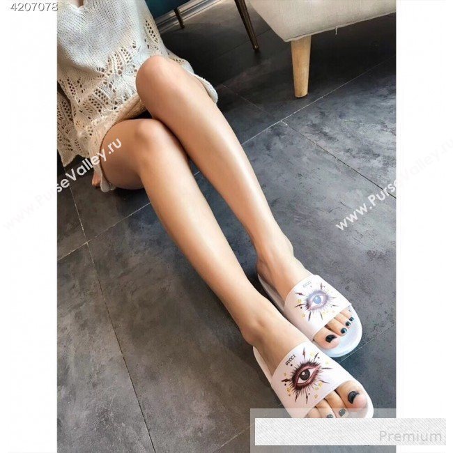 Gucci Flat Slide Sandals with Shining Eye Print White 2019 (EM-9062809)