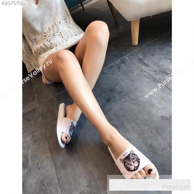 Gucci Flat Slide Sandals with Mystic Cat Print White 2019 (EM-9062808)