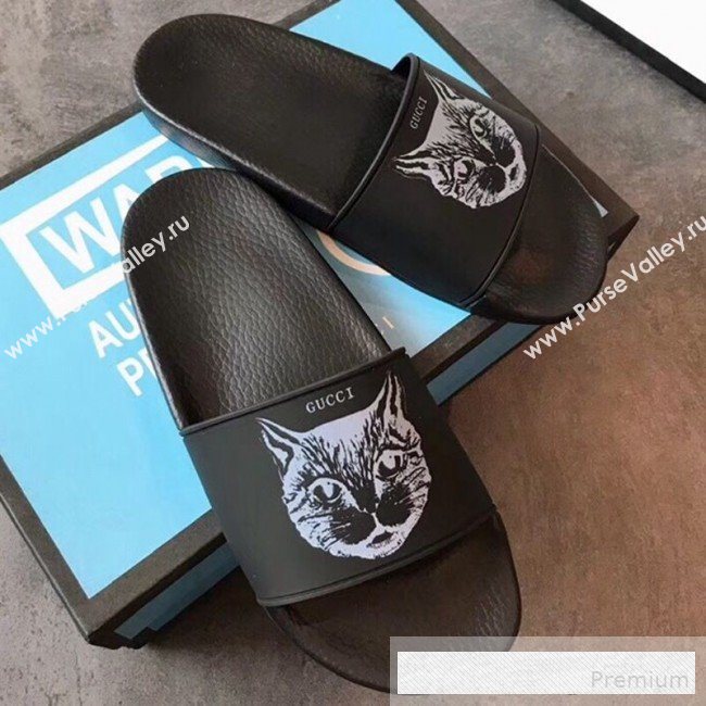 Gucci Flat Slide Sandals with Mystic Cat Print Black 2019 (EM-9062812)