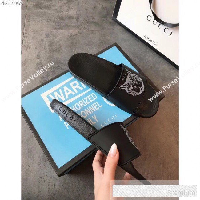 Gucci Flat Slide Sandals with Mystic Cat Print Black 2019 (EM-9062812)