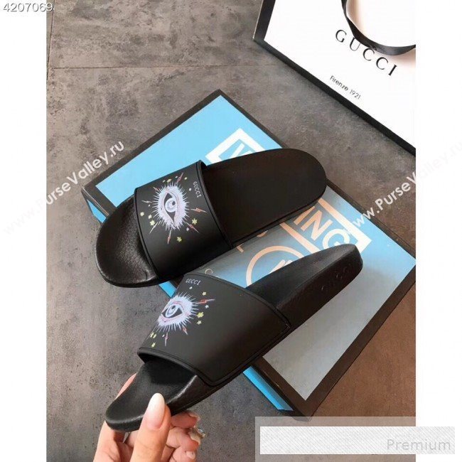 Gucci Flat Slide Sandals with Shining Eye Print Black 2019 (EM-9062813)