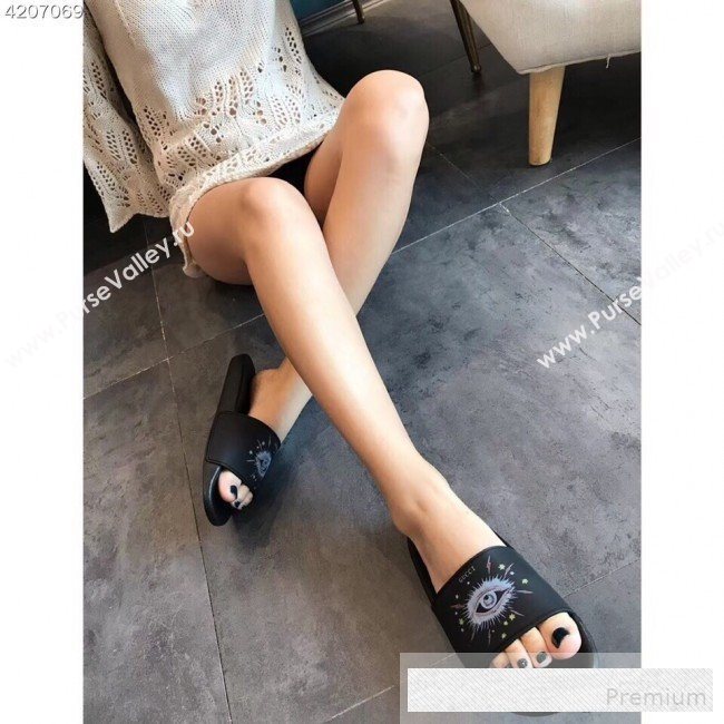 Gucci Flat Slide Sandals with Shining Eye Print Black 2019 (EM-9062813)