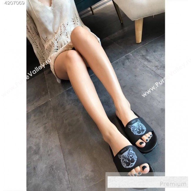 Gucci Flat Slide Sandals with Mystic Cat Print Black 2019 (EM-9062812)