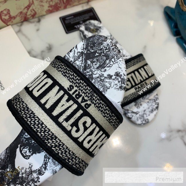 Dior Dway Embroidered Cotton Flat Slide Sandals with Printed Calfskin Insole Black 2019 (ANDI-9062817)