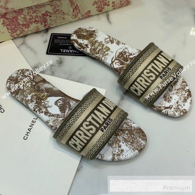 Dior Dway Embroidered Cotton Flat Slide Sandals with Printed Calfskin Insole Khaki Grey 2019 (ANDI-9062818)