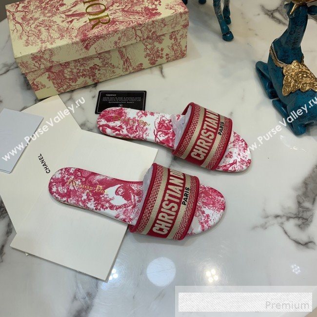 Dior Dway Embroidered Cotton Flat Slide Sandals with Printed Calfskin Insole Red 2019 (ANDI-9062819)