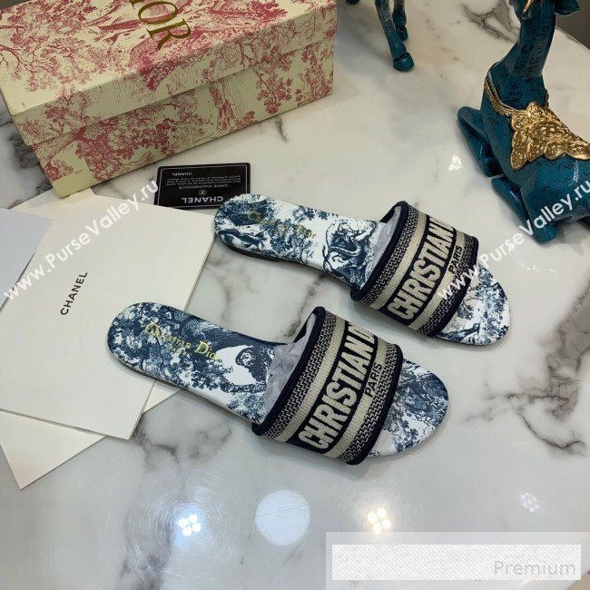 Dior Dway Embroidered Cotton Flat Slide Sandals with Printed Calfskin Insole Blue 2019 (ANDI-9062820)