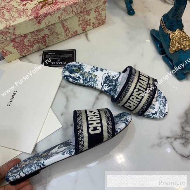 Dior Dway Embroidered Cotton Flat Slide Sandals with Printed Calfskin Insole Blue 2019 (ANDI-9062820)