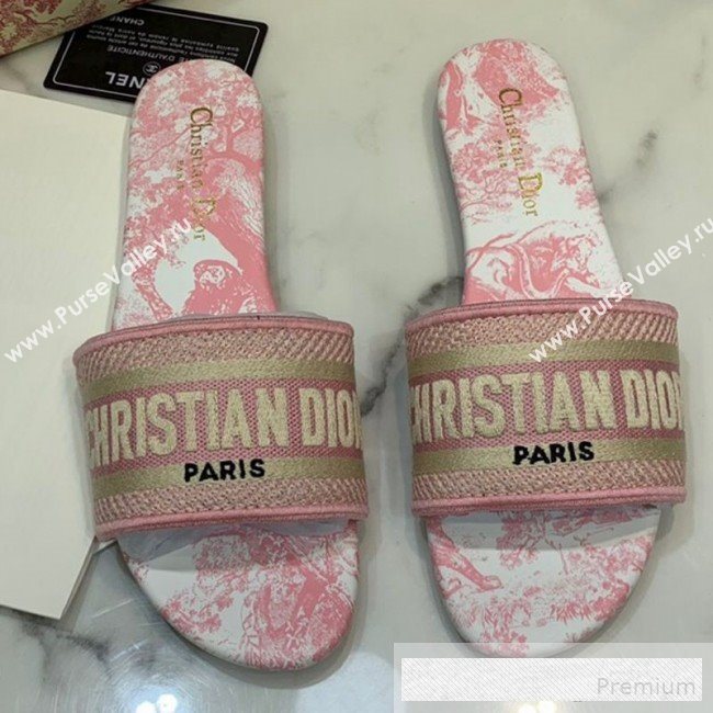 Dior Dway Embroidered Cotton Flat Slide Sandals with Printed Calfskin Insole Pink 2019 (ANDI-9062821)