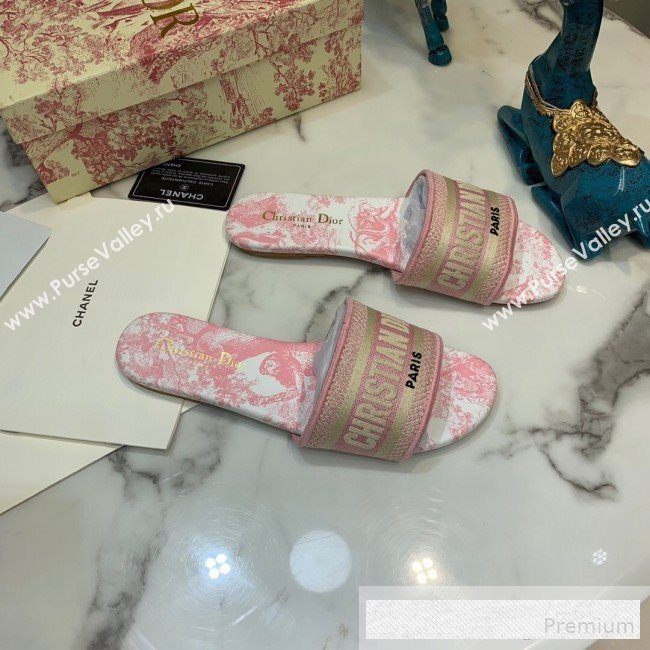 Dior Dway Embroidered Cotton Flat Slide Sandals with Printed Calfskin Insole Pink 2019 (ANDI-9062821)