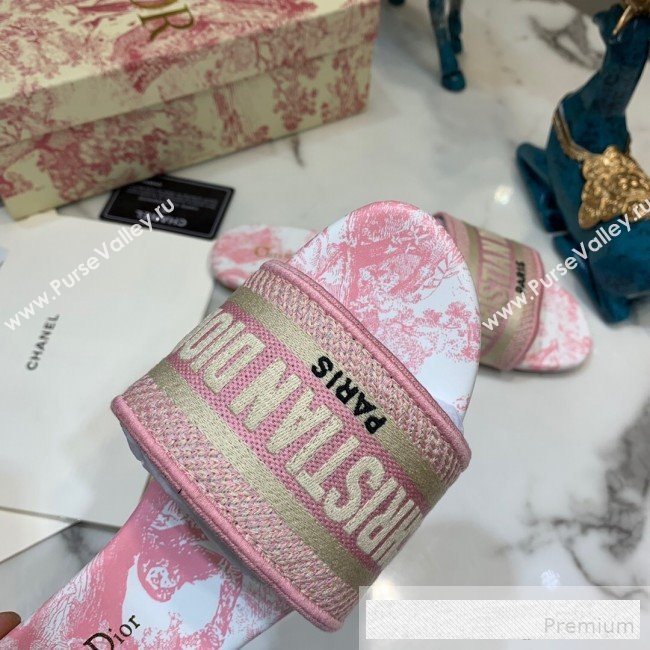 Dior Dway Embroidered Cotton Flat Slide Sandals with Printed Calfskin Insole Pink 2019 (ANDI-9062821)