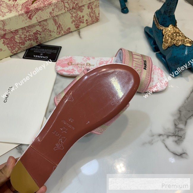 Dior Dway Embroidered Cotton Flat Slide Sandals with Printed Calfskin Insole Pink 2019 (ANDI-9062821)