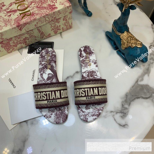 Dior Dway Embroidered Cotton Flat Slide Sandals with Printed Calfskin Insole Burgundy 2019 (ANDI-9062822)