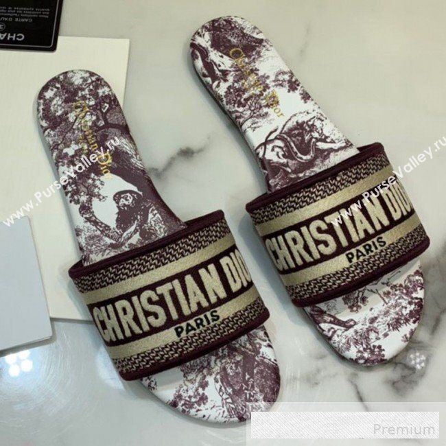 Dior Dway Embroidered Cotton Flat Slide Sandals with Printed Calfskin Insole Burgundy 2019 (ANDI-9062822)