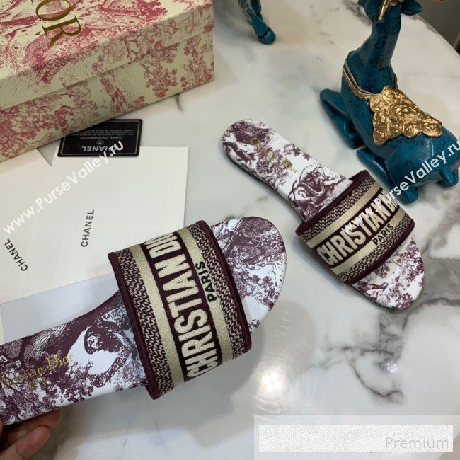 Dior Dway Embroidered Cotton Flat Slide Sandals with Printed Calfskin Insole Burgundy 2019 (ANDI-9062822)