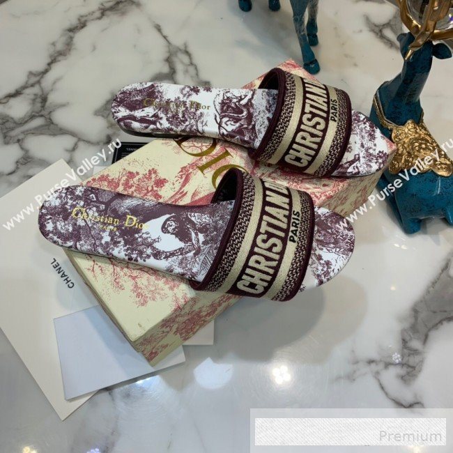 Dior Dway Embroidered Cotton Flat Slide Sandals with Printed Calfskin Insole Burgundy 2019 (ANDI-9062822)