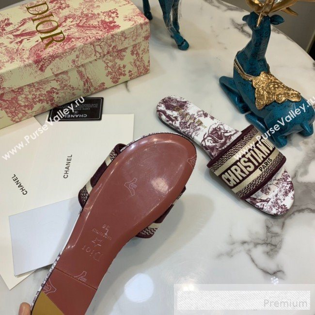 Dior Dway Embroidered Cotton Flat Slide Sandals with Printed Calfskin Insole Burgundy 2019 (ANDI-9062822)